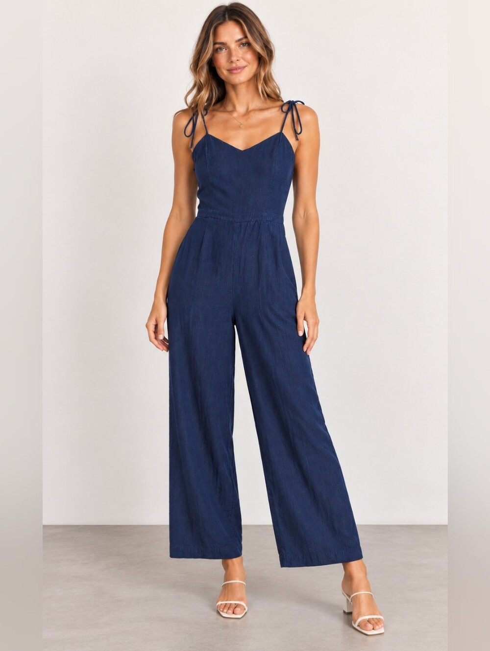 Abercrombie & Fitch Navy Tie-Shoulder Wide-Leg Jumpsuit